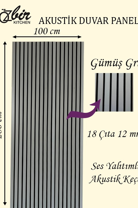 Özbir Kitchen Gümüş Gri Akustik Duvar Paneli 100x280 Ahşap Duvar Paneli